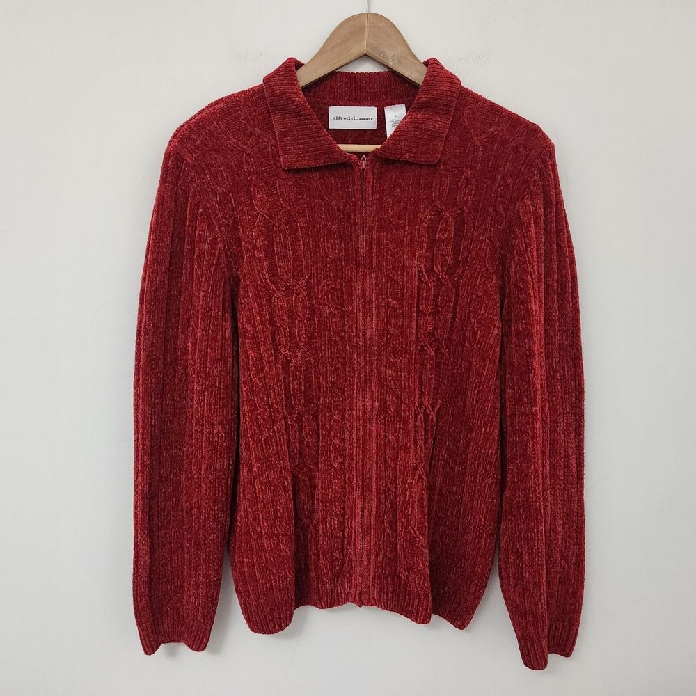 ALFRED DUNNER Women's Red Collared Cable Knit Sweater Size L